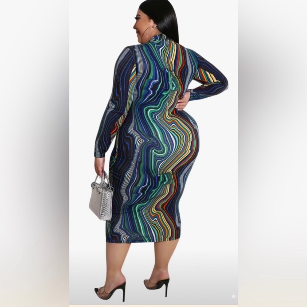 Plus Size All Over Print High Neck Long Sleeve Bodycon Dress, Women's Plus